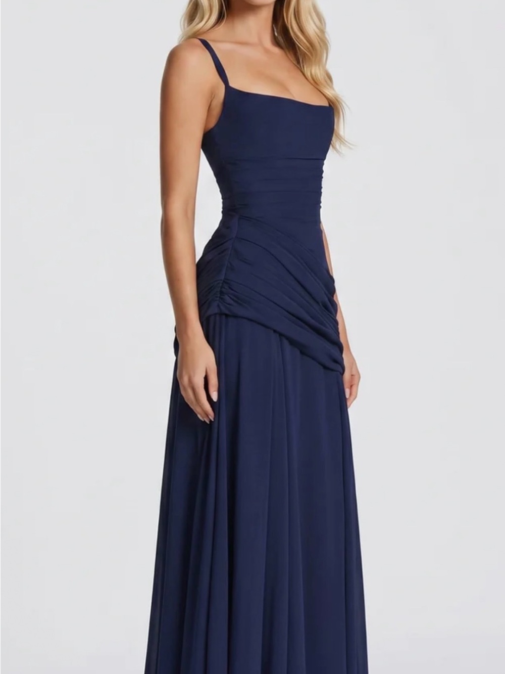 Navy Square-Neck Ruched Maxi Dress - Elegant Wedding Guest Gown